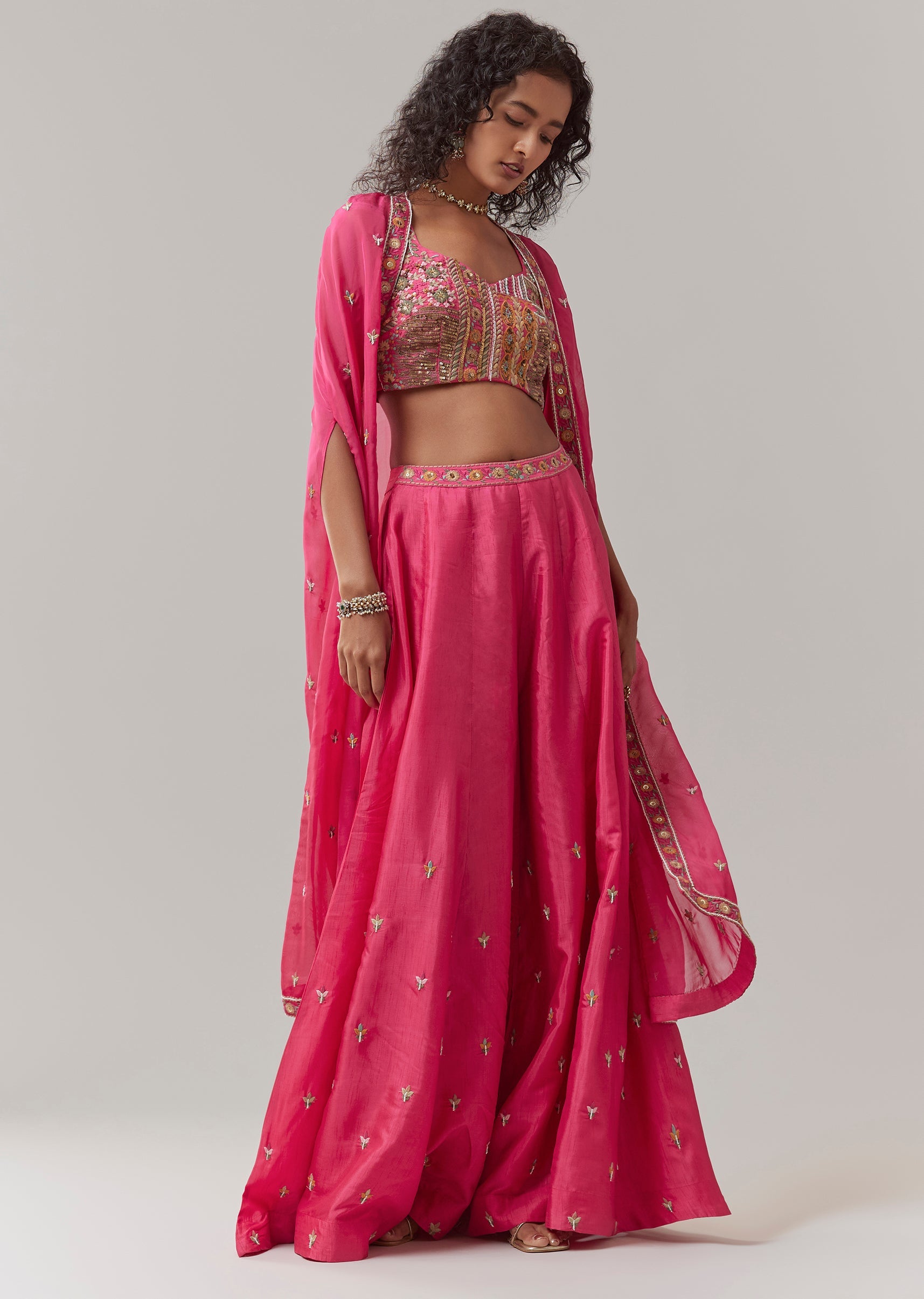 Pink Silk Indowestern Crop Top and Palazzo Set