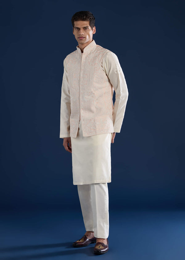 Pink Silk Jacket Kurta Set with Dori Work
