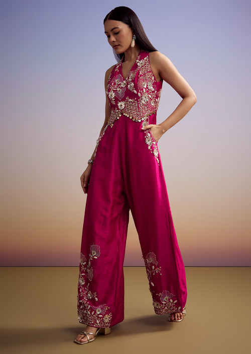 Pink Silk Jumpsuit With Embroidery And V Neckline