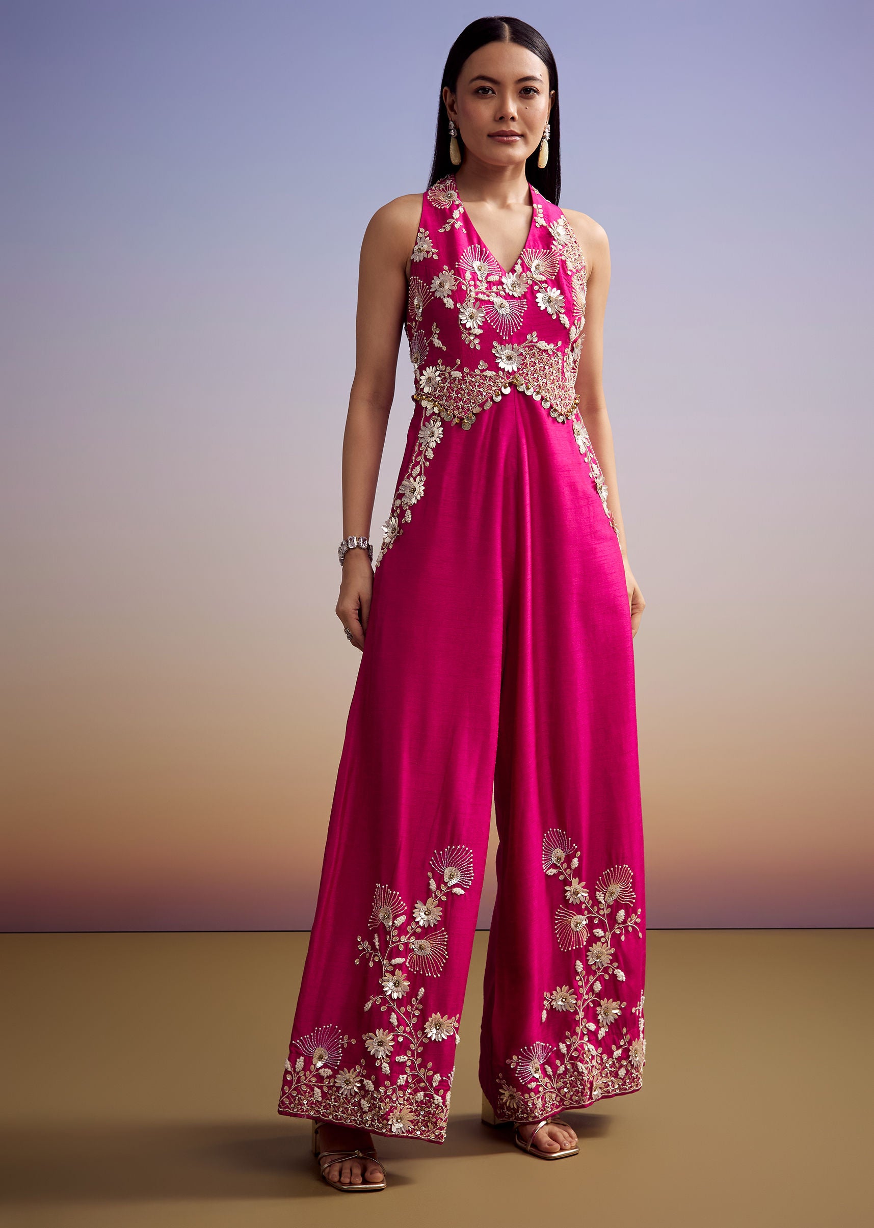 Pink Silk Jumpsuit With Embroidery And V Neckline - Main Image