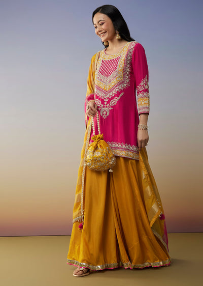 Pink Silk Palazzo Suits with Moti Zardosi Work