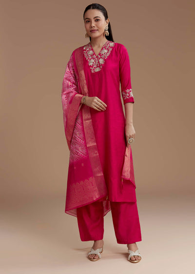 Pink Straight Silk Kurta Set with Zari Work