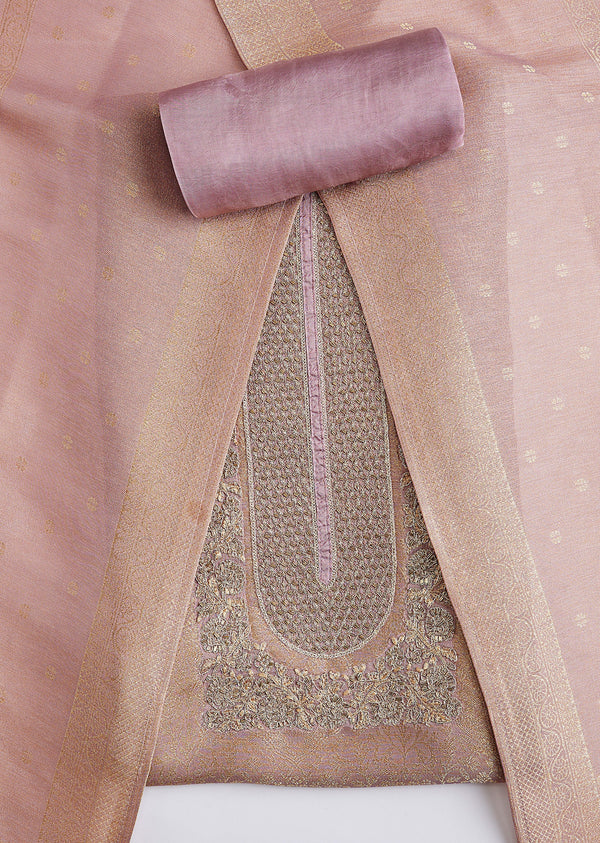 Pink Tissue Brocade Zari Embroidered Dress Material Set