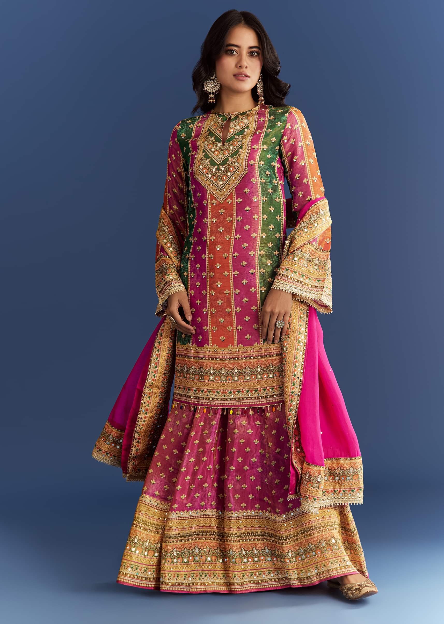 Pink Tissue Kurta With Printed Palazzo And Organza Dupatta