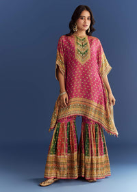 Pink Tissue Mirror Stone Embroidered Kurta With Printed Sharara