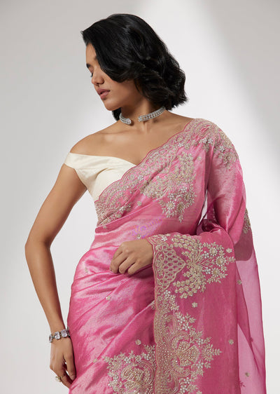 Pink Tissue Saree with Sequin and Cutdana Embroidery