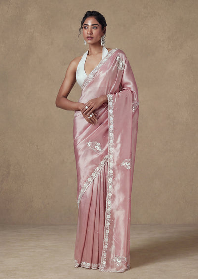 Pink Tissue Sequin Border Saree With Unstitched Blouse