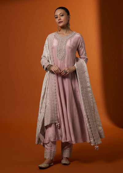 Pink Tissue Sequined Anarkali Suit Set