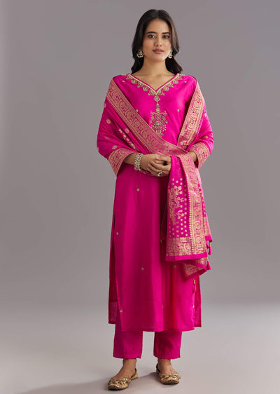 Pink Viscose Silk Kurta Set With Zari Moti and Cut Dana Work