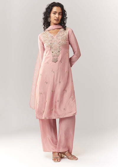 Pink Zardosi And Moti Work Kurta Palazzo Set With Dupatta