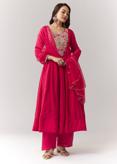 Pink Zardosi Sweetheart Anarkali Pant Set With Dupatta
