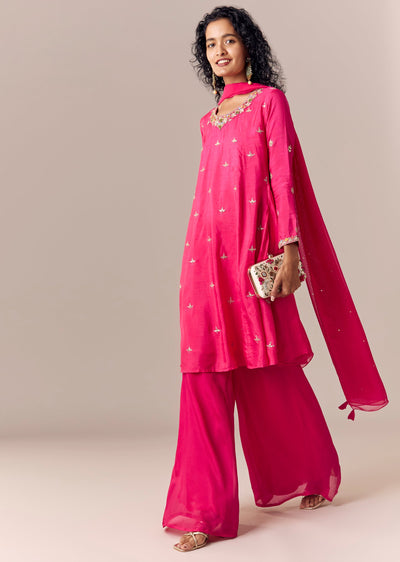 Pink Zari Work Anarkali Palazzo Set With Dupatta
