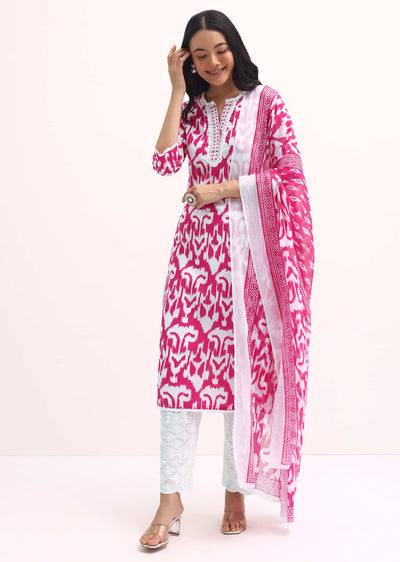 Pink And White Printed Kurta Set With Dupatta
