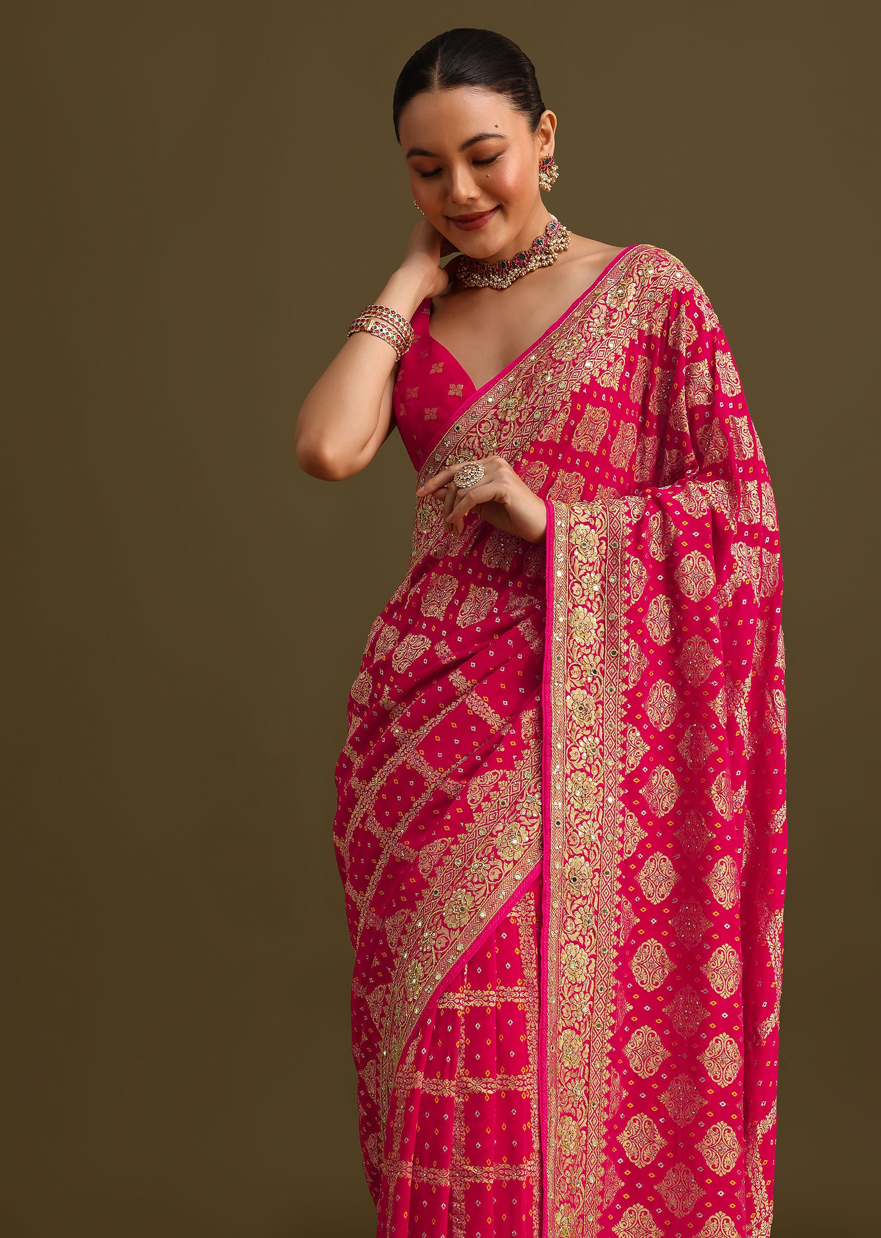 振袖ピンク（PATTI PATTI) Pink Cutdana Embroidered Bandhani Weave Saree With