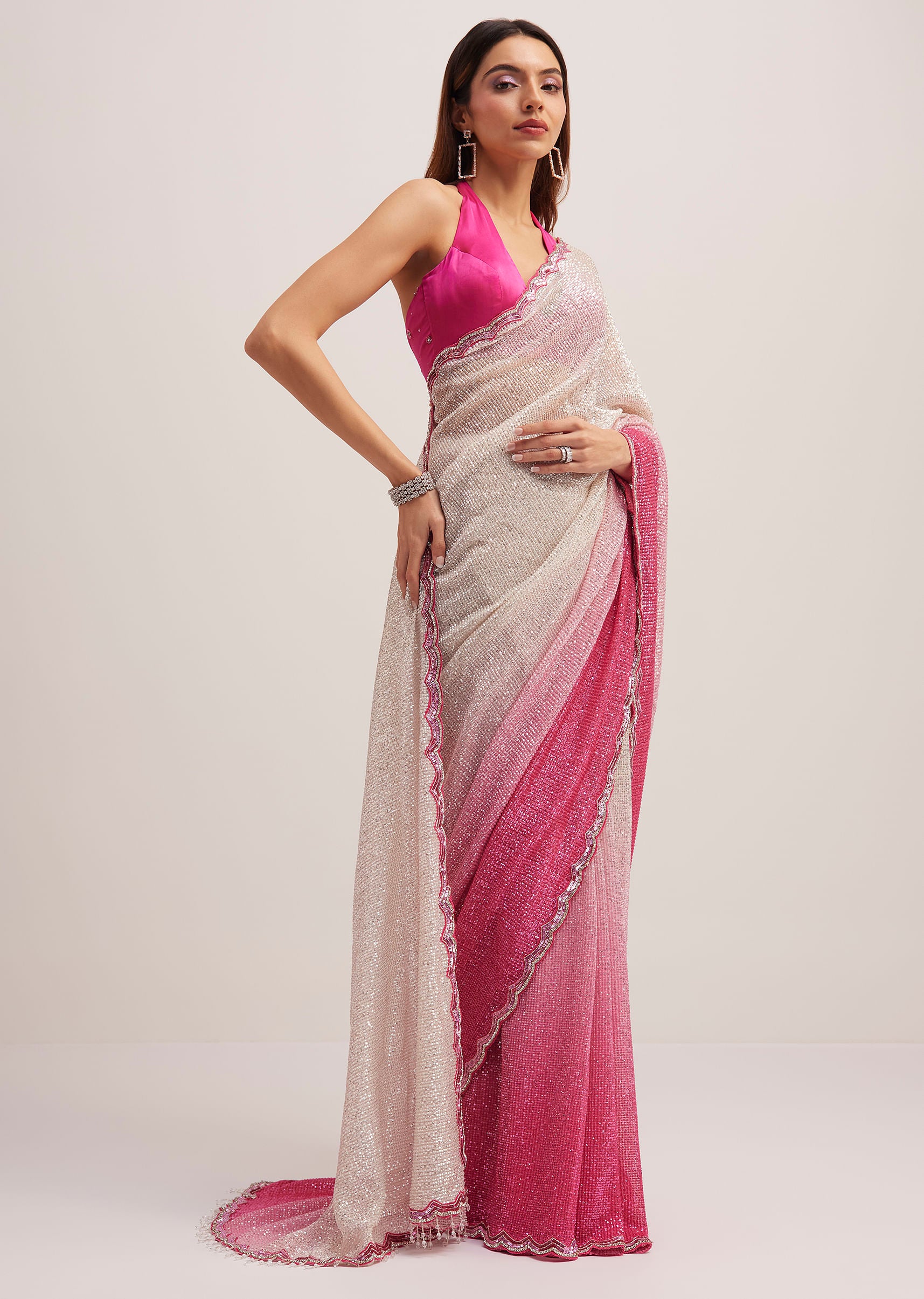 Pink Ombre Sequins Saree With Scallop Border