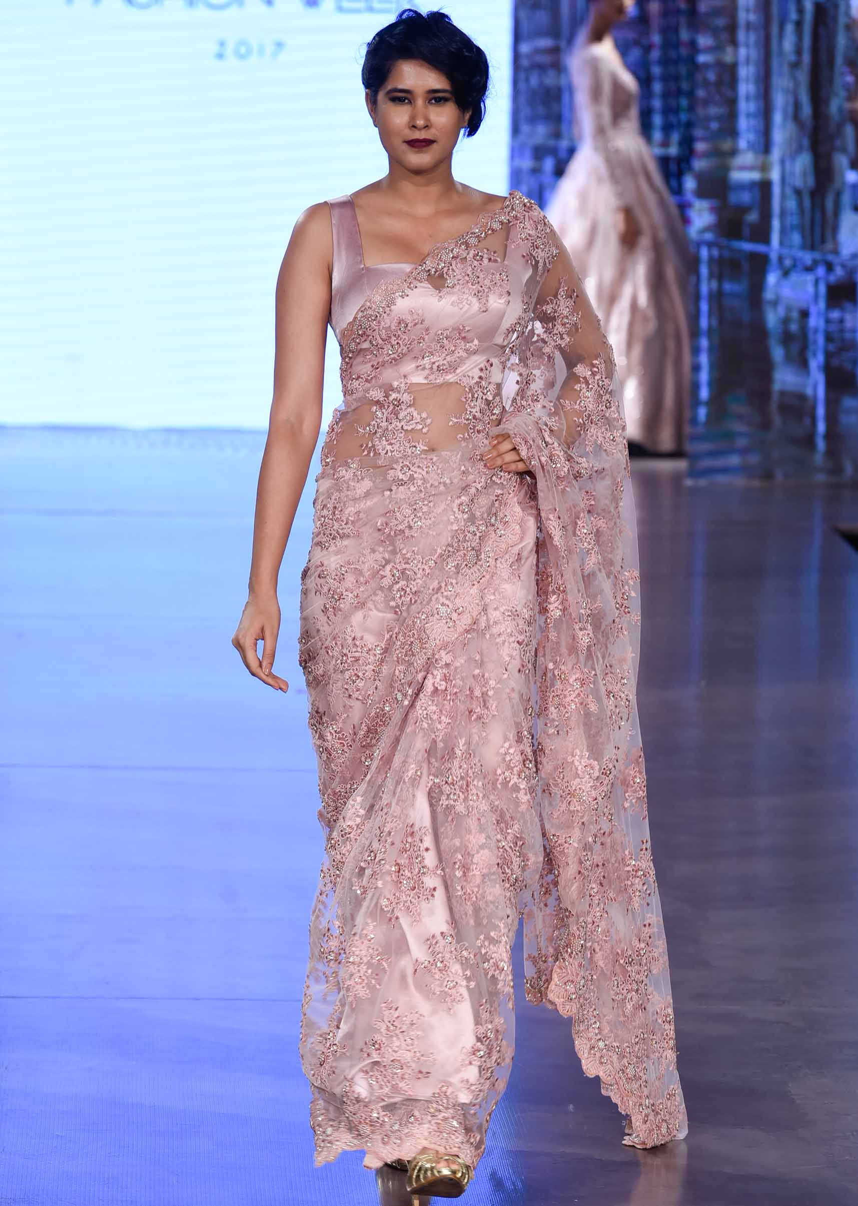 Pink embroidered net saree with scalloped border only on Kalki - KALKI Fashion India