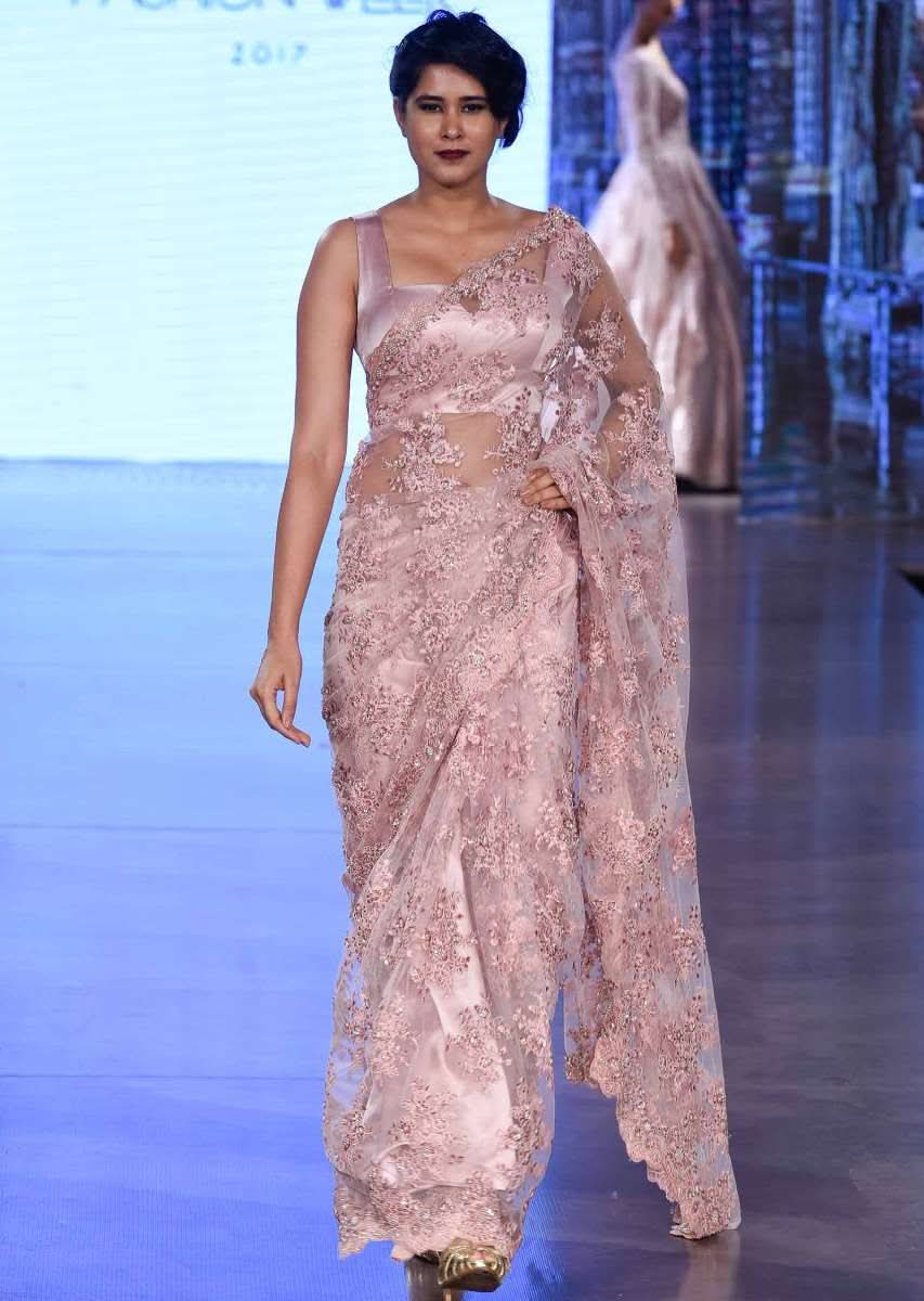 Pink embroidered net saree with scalloped border only on Kalki - KALKI Fashion India