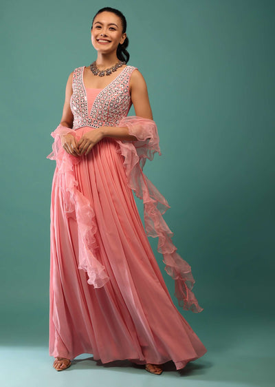 pink georgette jumpsuit with mirror work and ruffle dupatta 1