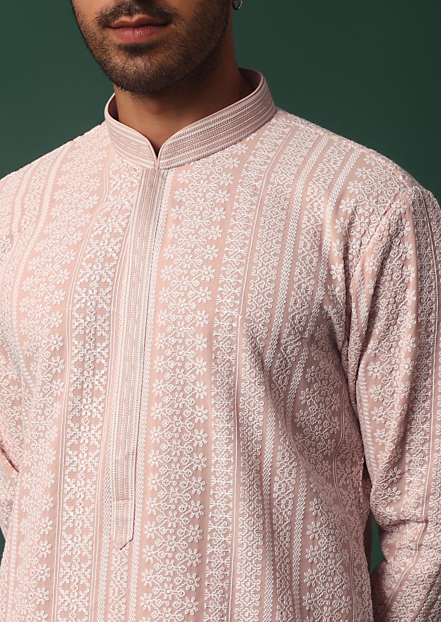 Pink Georgette Kurta Set With Chikankari Embroidery