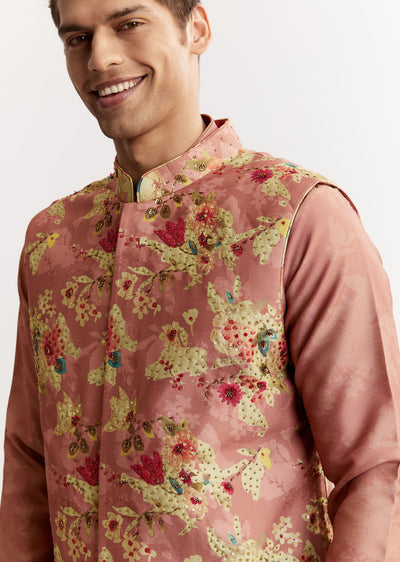 pink linen floral printed jacket kurta set-sg302518-1 1