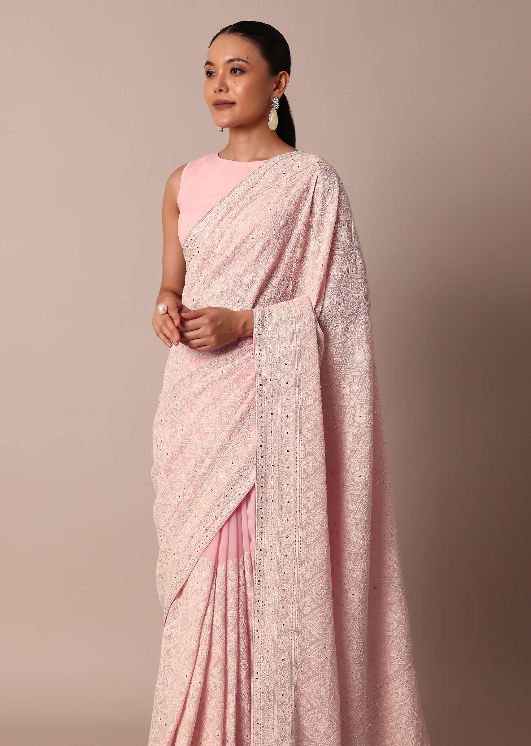 pink lucknowi chikankari saree with sequin embellishments-sg217159 6