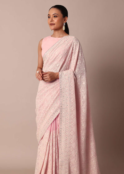 pink lucknowi chikankari saree with sequin embellishments-sg217159 6