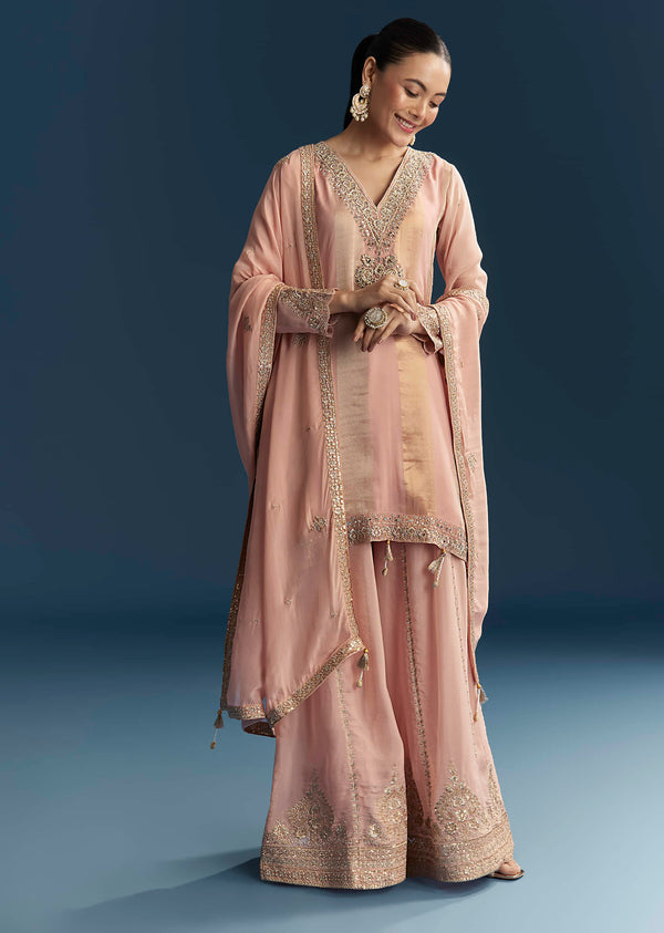 Pink Organza Palazzo Suit With Zari And Mirror Embroidery