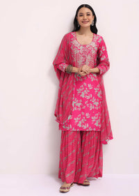 Pink Printed Tussar Kurta Sharara Set With Gotta Pati