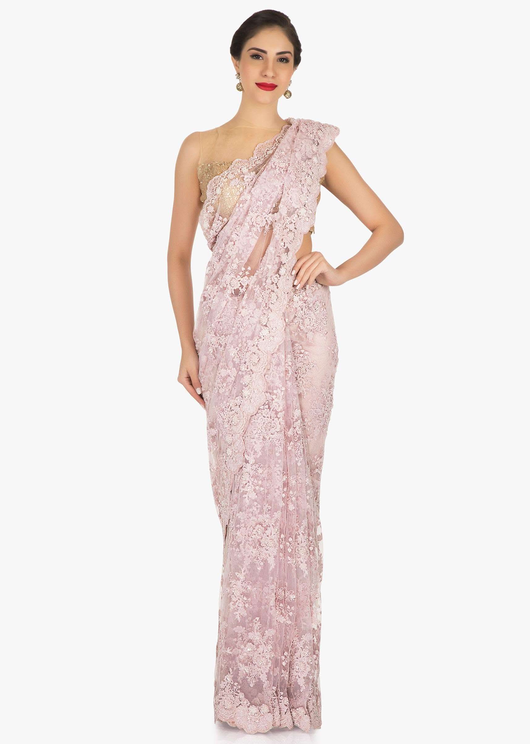 Pink saree in embroidered net encrusted in floral motifs with resham and moti work only on Kalki - KALKI Fashion India