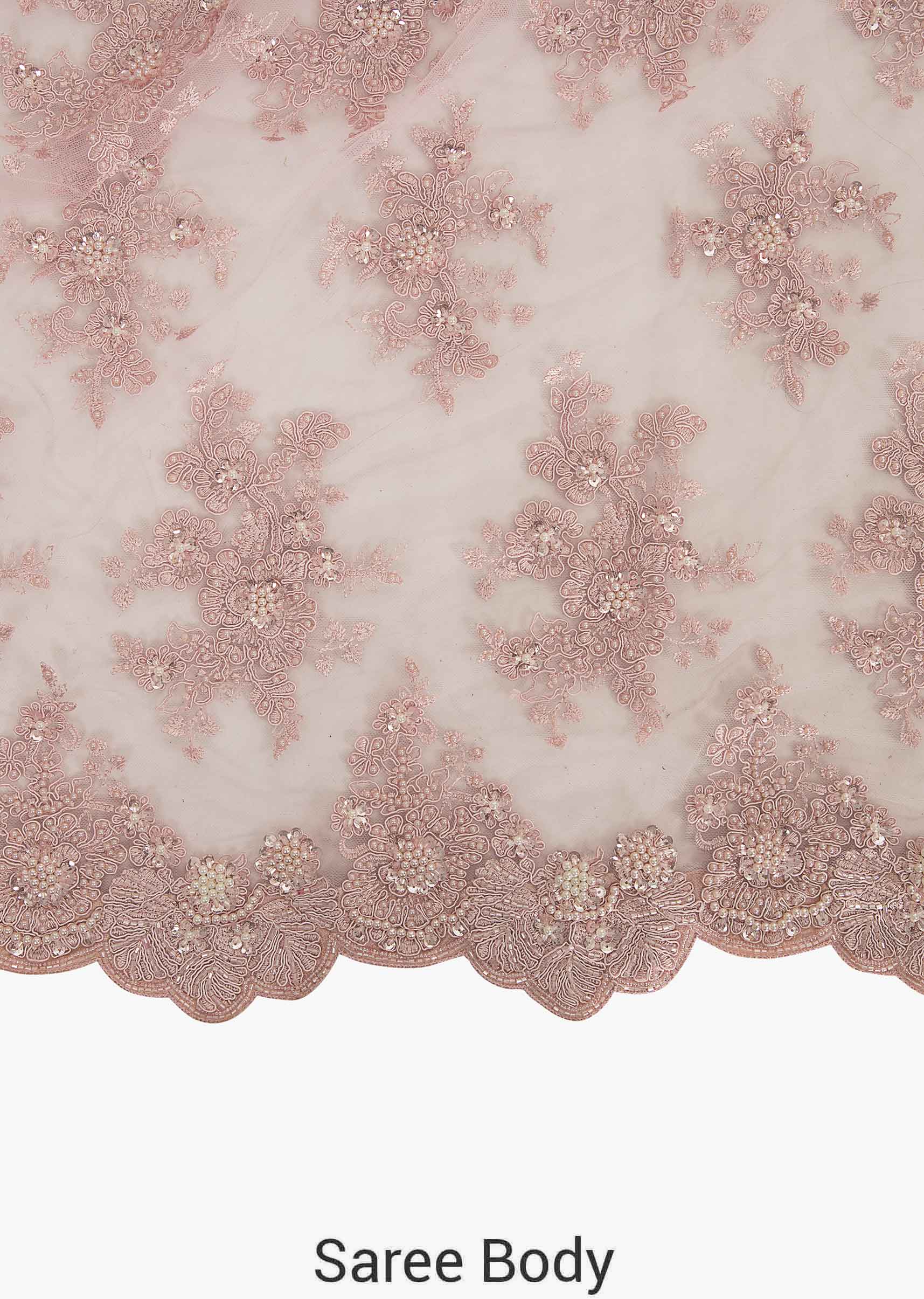 Pink saree in embroidered net encrusted in floral motifs with resham and moti work only on Kalki - KALKI Fashion India