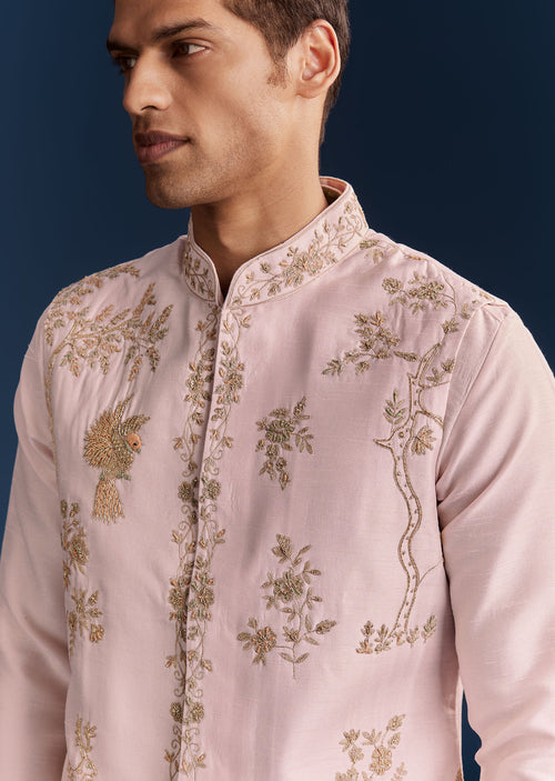 Pink Silk Floral Kurta Jacket Set With Resham And Cutdana Detailing