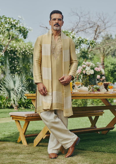 Pista Green Hand Embroidered Banarasi Silk Kurta Set With Mukaish Embroidery