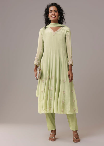 Pista Green Chinon Cutdana Embroidered Anarkali Set