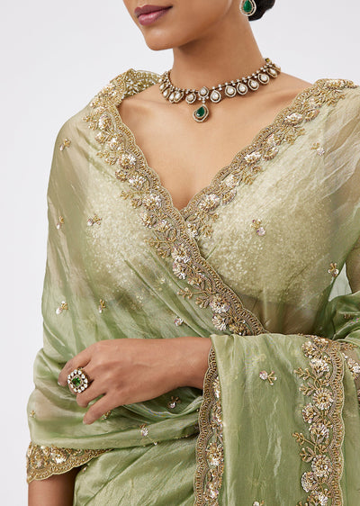 Pista Green Crushed Tissue Saree With Zari Embroidered Border