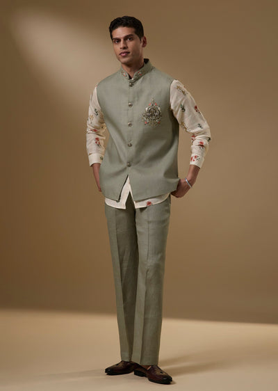 Pista Green Linen Kurta Jacket Set With Zardosi Floral Embroidery