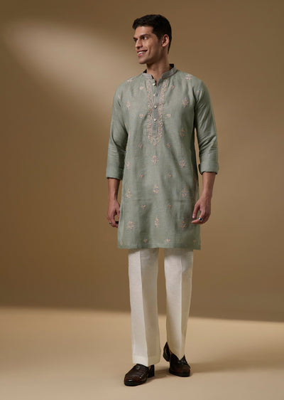 Pista Green Linen Kurta With Multicolor Resham Threadwork