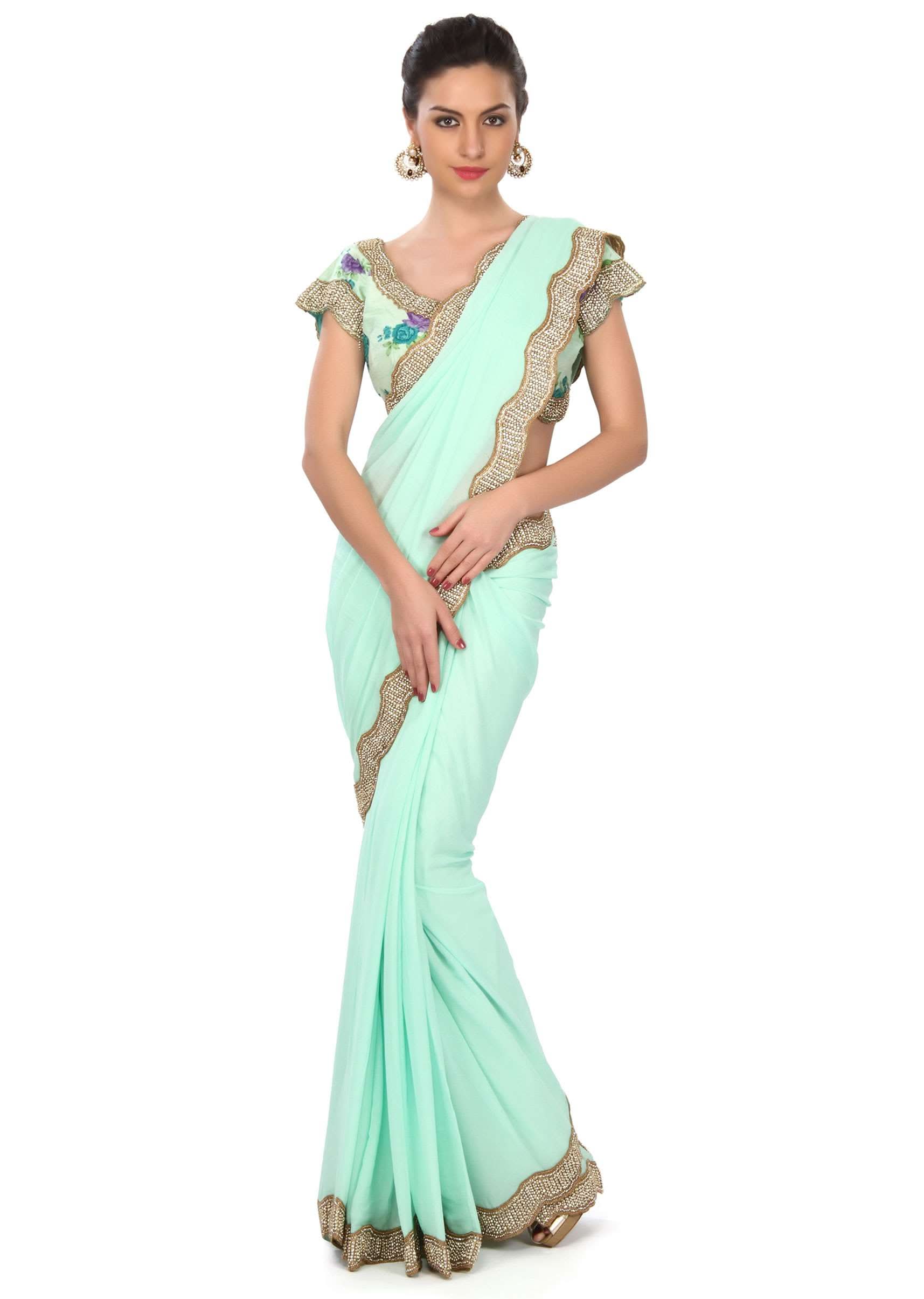 Moonlight jade green saree enahcned in kundan embroidered border only on Kalki - KALKI Fashion India