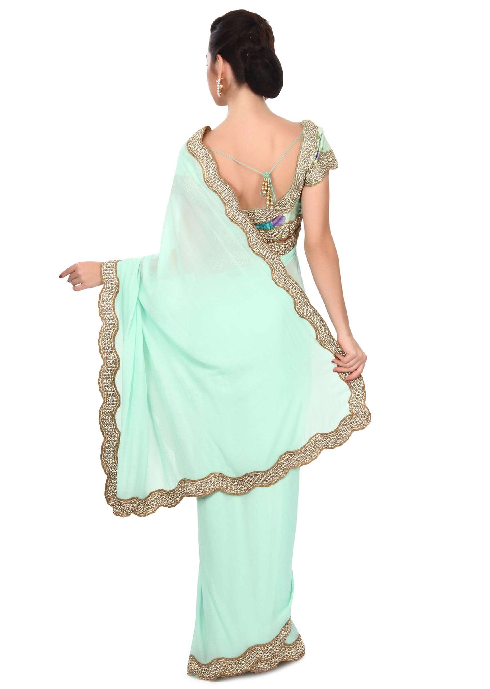 Moonlight jade green saree enahcned in kundan embroidered border only on Kalki - KALKI Fashion India