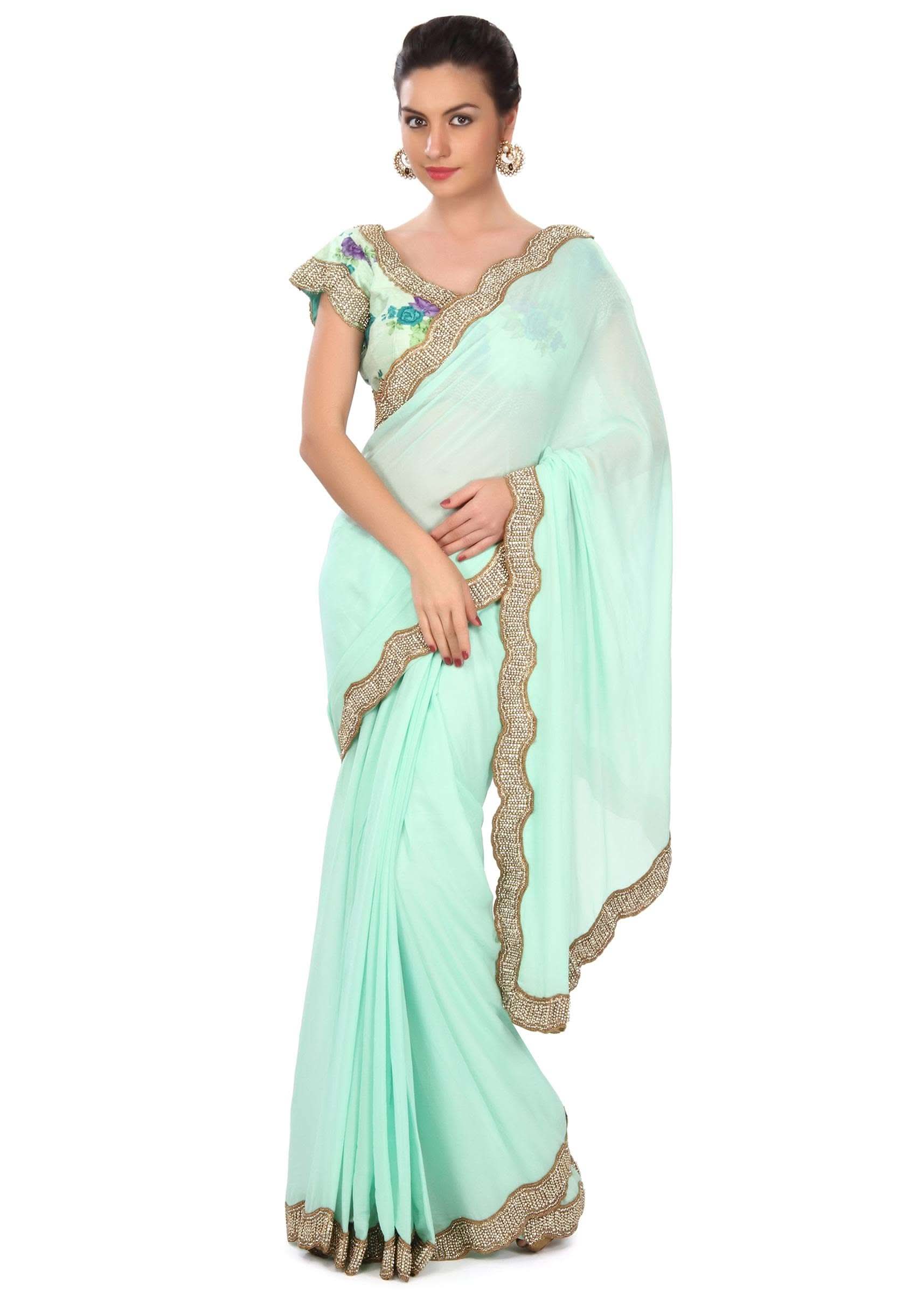 Moonlight jade green saree enahcned in kundan embroidered border only on Kalki - KALKI Fashion India
