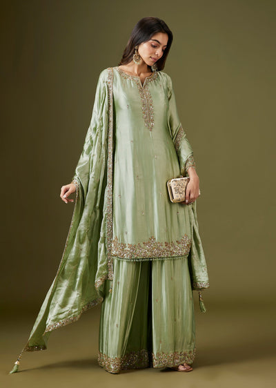 Pista Green Satin Embellished Kurta Palazzo Set With Dupatta