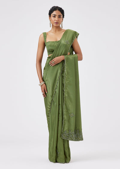 Pista Green Satin Embroidered Saree With Designer Border