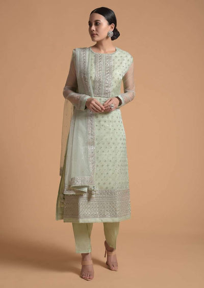 Pista Green Straight Cut Suit With Sequins Buttis All Over And Cord Embroidery On The Placket And Border
