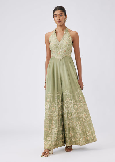 Pista Green Tissue Jumpsuit With Zari And Sequin Work
