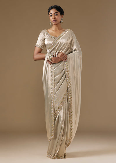 Pista Green Tissue Saree With Kundan Border