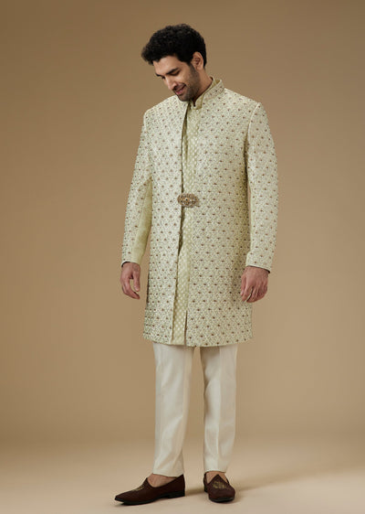 Pista Green Zari Embroidered Indo Western Kurta Set