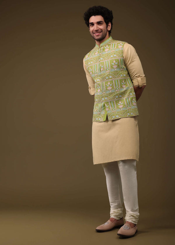 Pista Green Jacket Kurta Set In Viscose With Threadwork