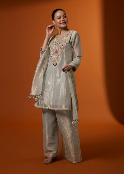 Powder Blue Crushed Tissue Palazzo Suit Set With Zardosi Embroidery