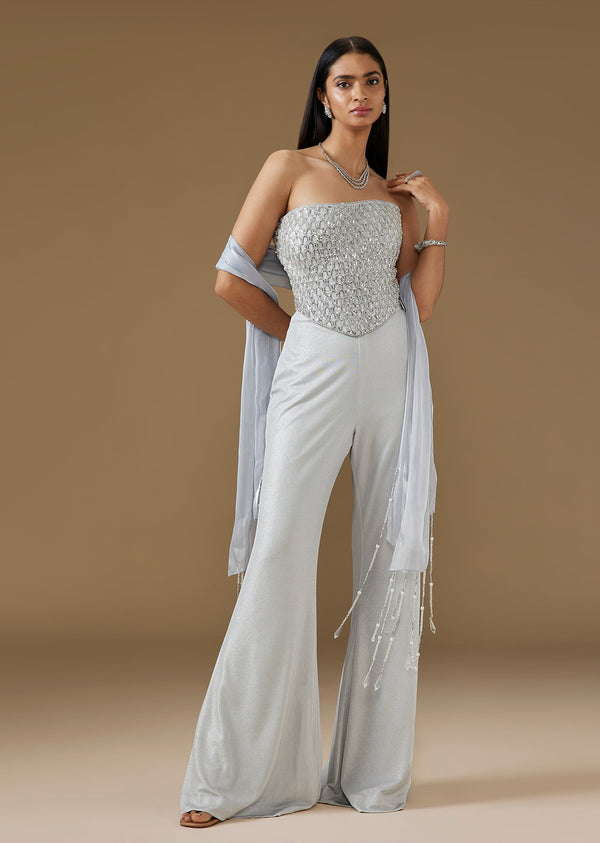 Powder Blue Embroidered Corset Top With Palazzo Pants And Dupatta