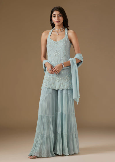 Powder Blue Georgette Embroidered Halter Neck Sharara Set