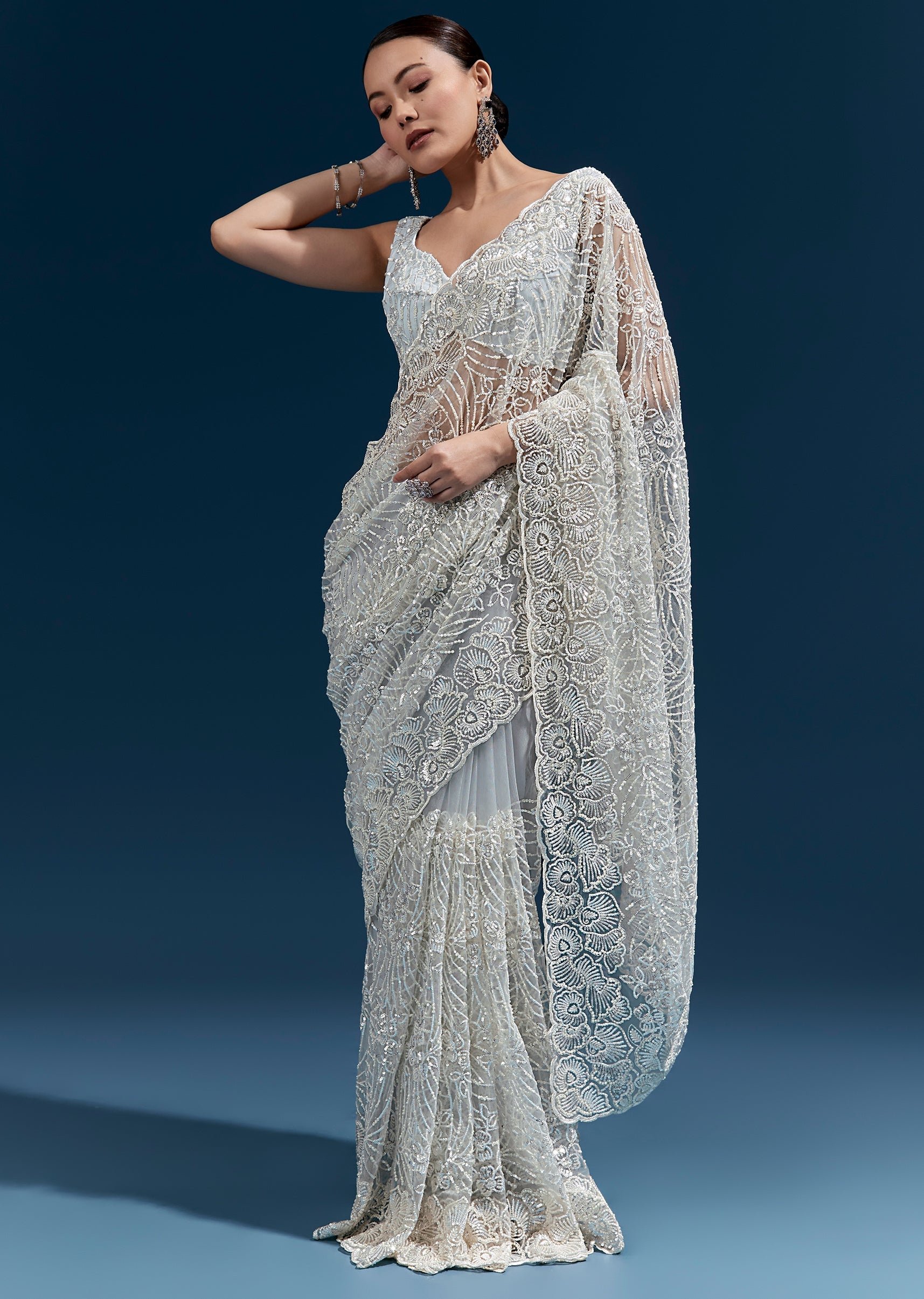 Powder Blue Heavy Embroidered Net Saree With Cutwork Border And Floral Jaal